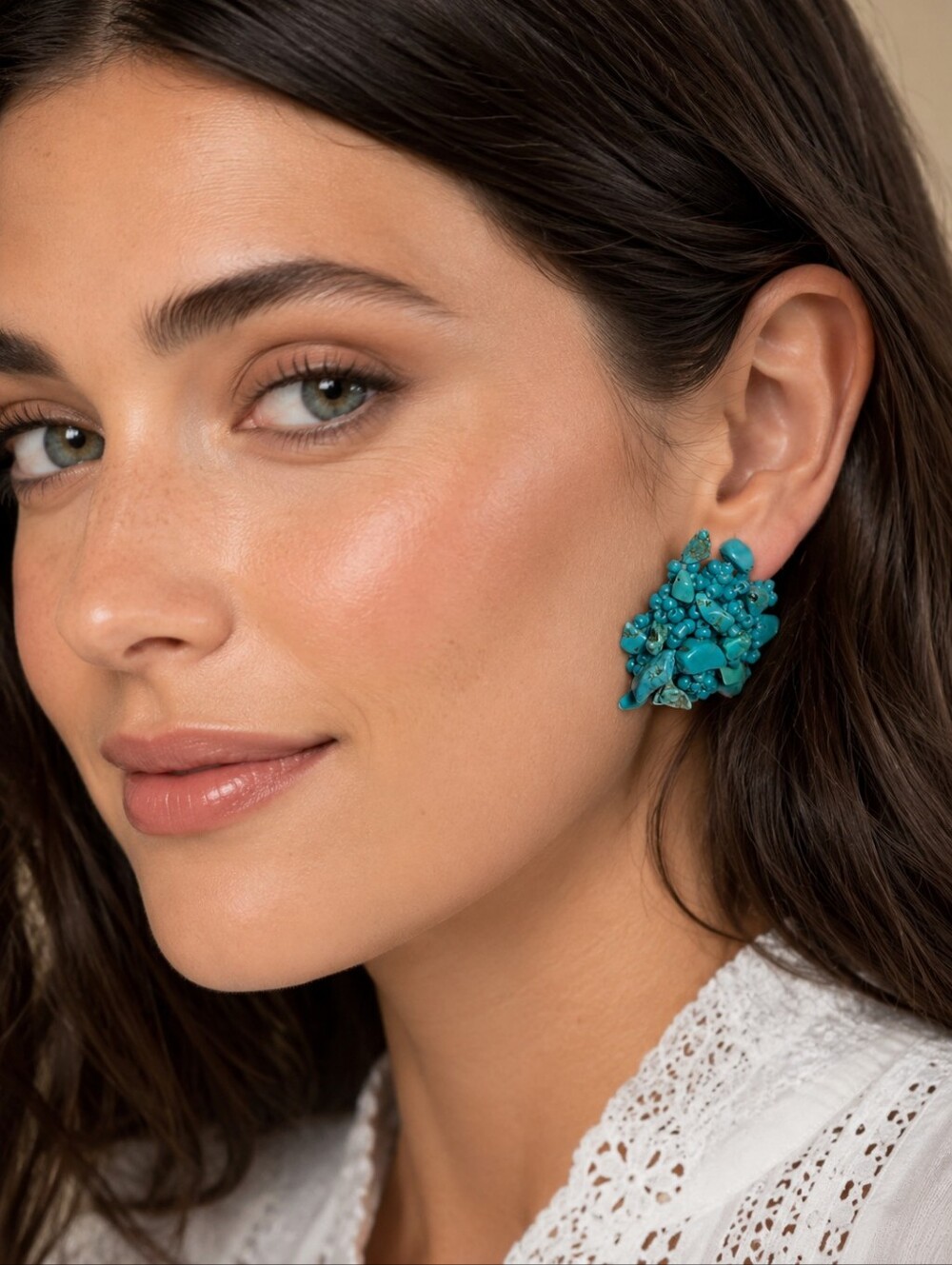 Large Turquoise & Seed Bead Woven Cluster Stud Earrings Southwestern Jewelry